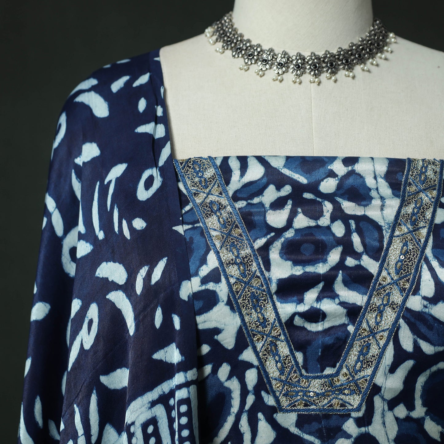 Blue - Bagru Vanaspati Block Print Modal Silk Lace Handwork 2pc Unstitched Dress Material Kurta Set 09