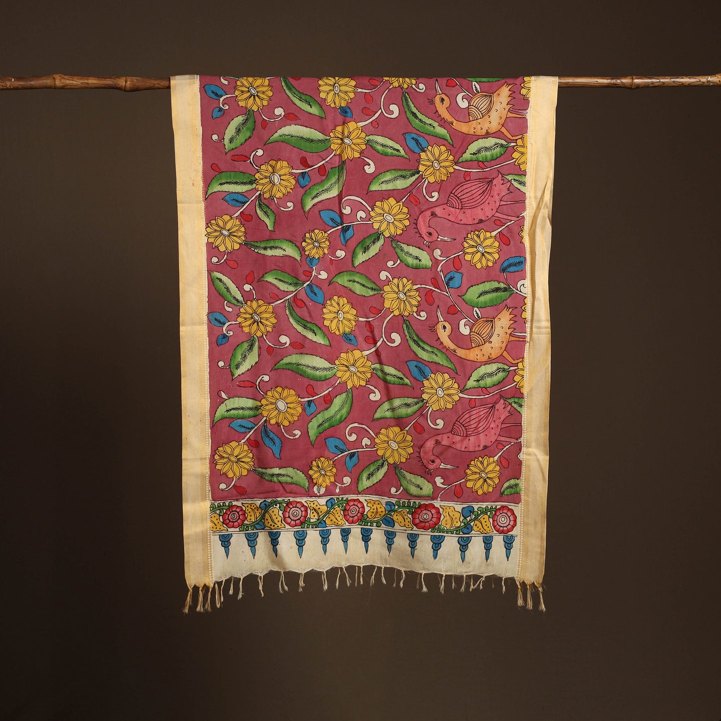 Srikalahasti Pen Work Kalamkari Bangalore Silk Floral Handpainted Dupatta 39