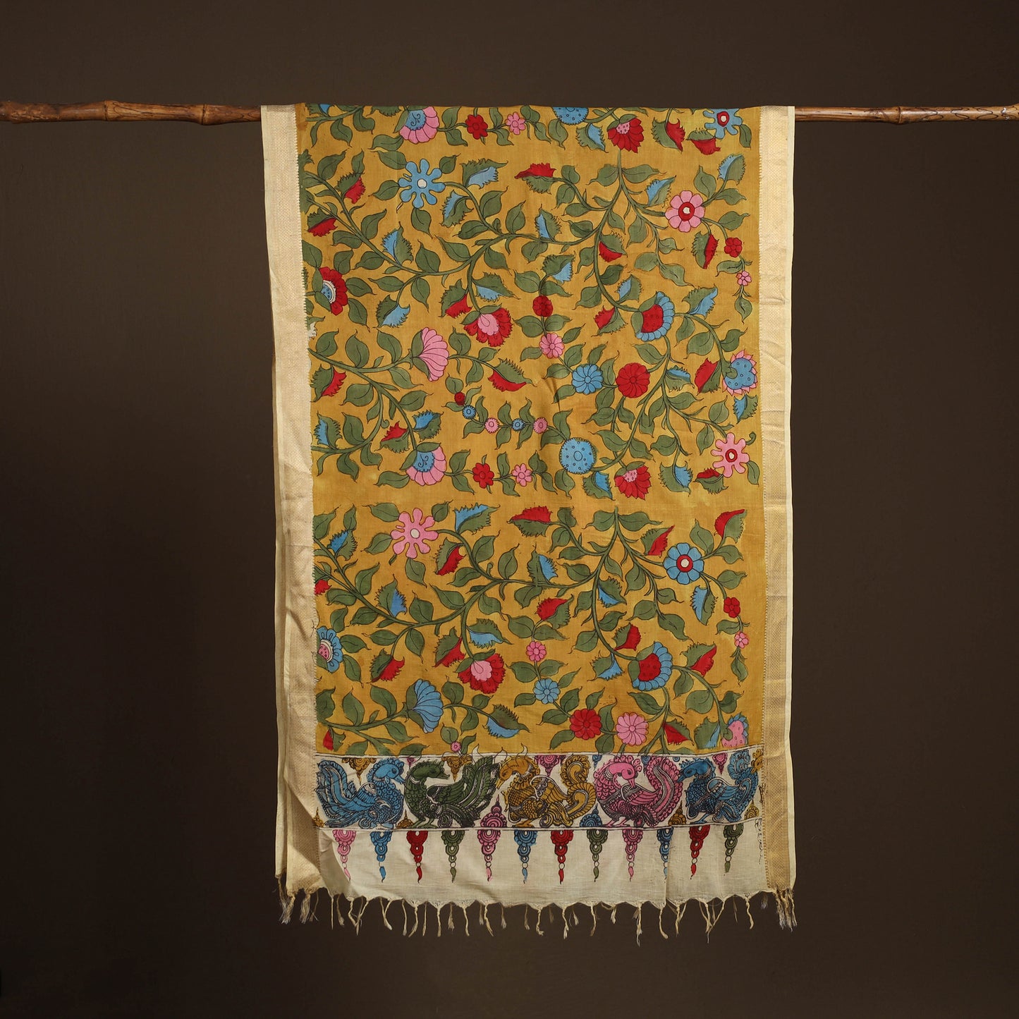 Srikalahasti Pen Work Kalamkari Bangalore Silk Floral Handpainted Dupatta 37