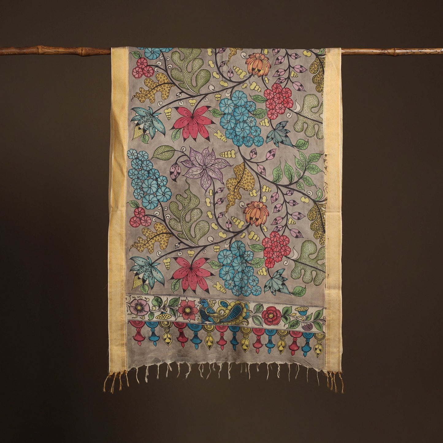 Srikalahasti Pen Work Kalamkari Bangalore Silk Floral Handpainted Dupatta 34