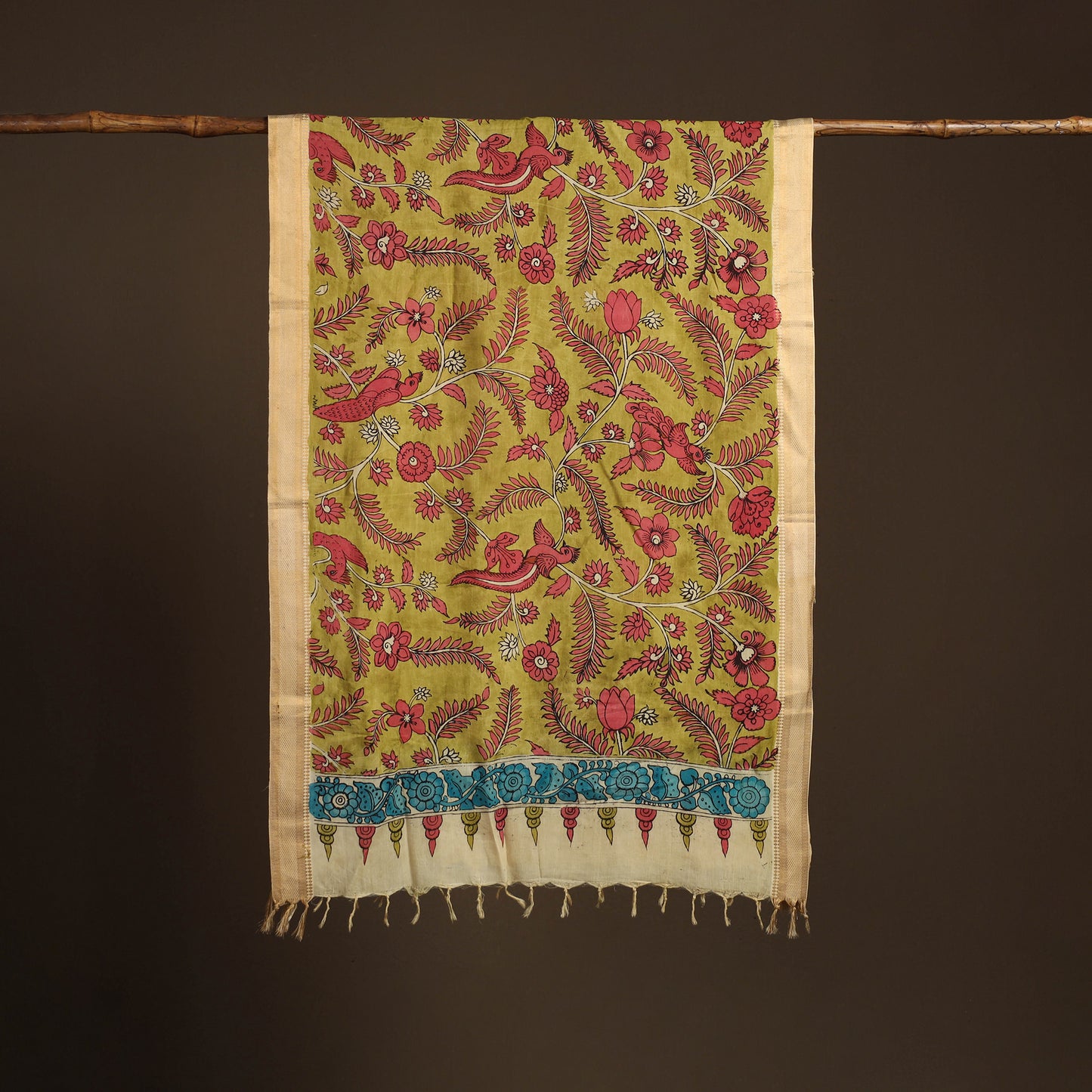 Srikalahasti Pen Work Kalamkari Bangalore Silk Floral Handpainted Dupatta 33