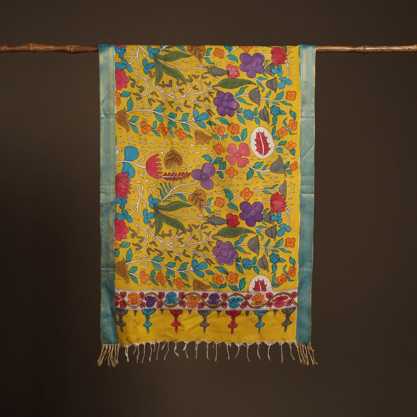 Srikalahasti Pen Work Kalamkari Bangalore Silk Floral Handpainted Dupatta 31