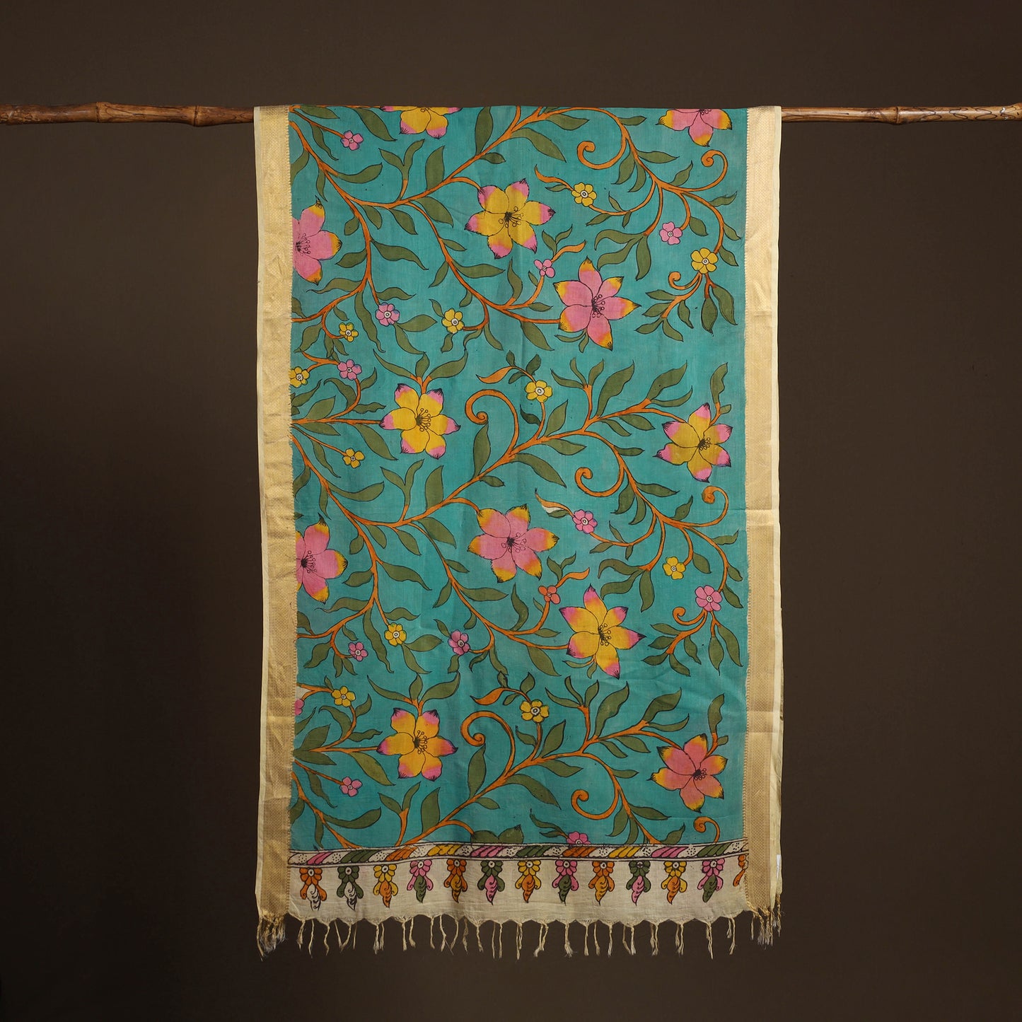 Srikalahasti Pen Work Kalamkari Bangalore Silk Floral Handpainted Dupatta 32