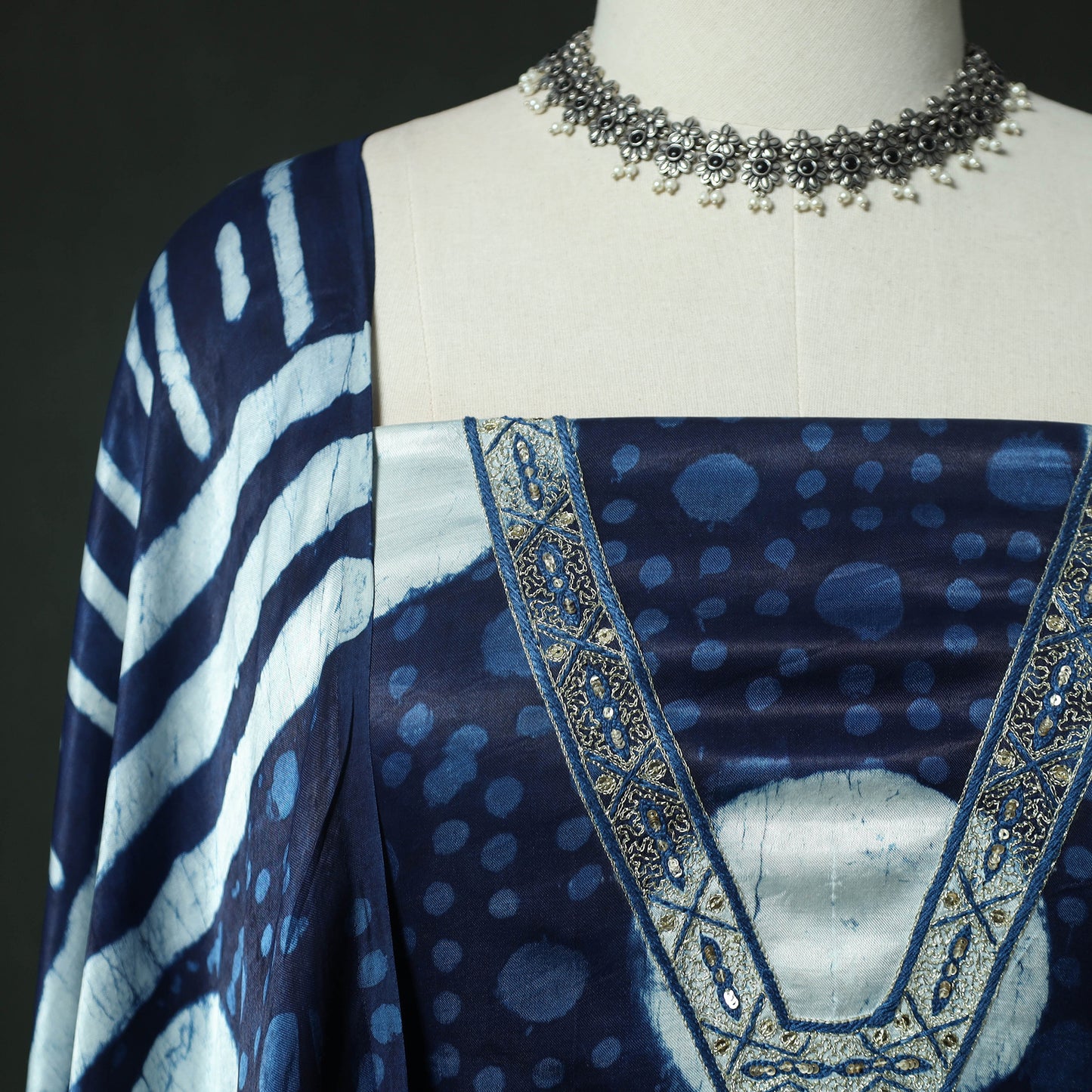 Blue - Bagru Vanaspati Block Print Modal Silk Lace Handwork 2pc Unstitched Dress Material Kurta Set 11