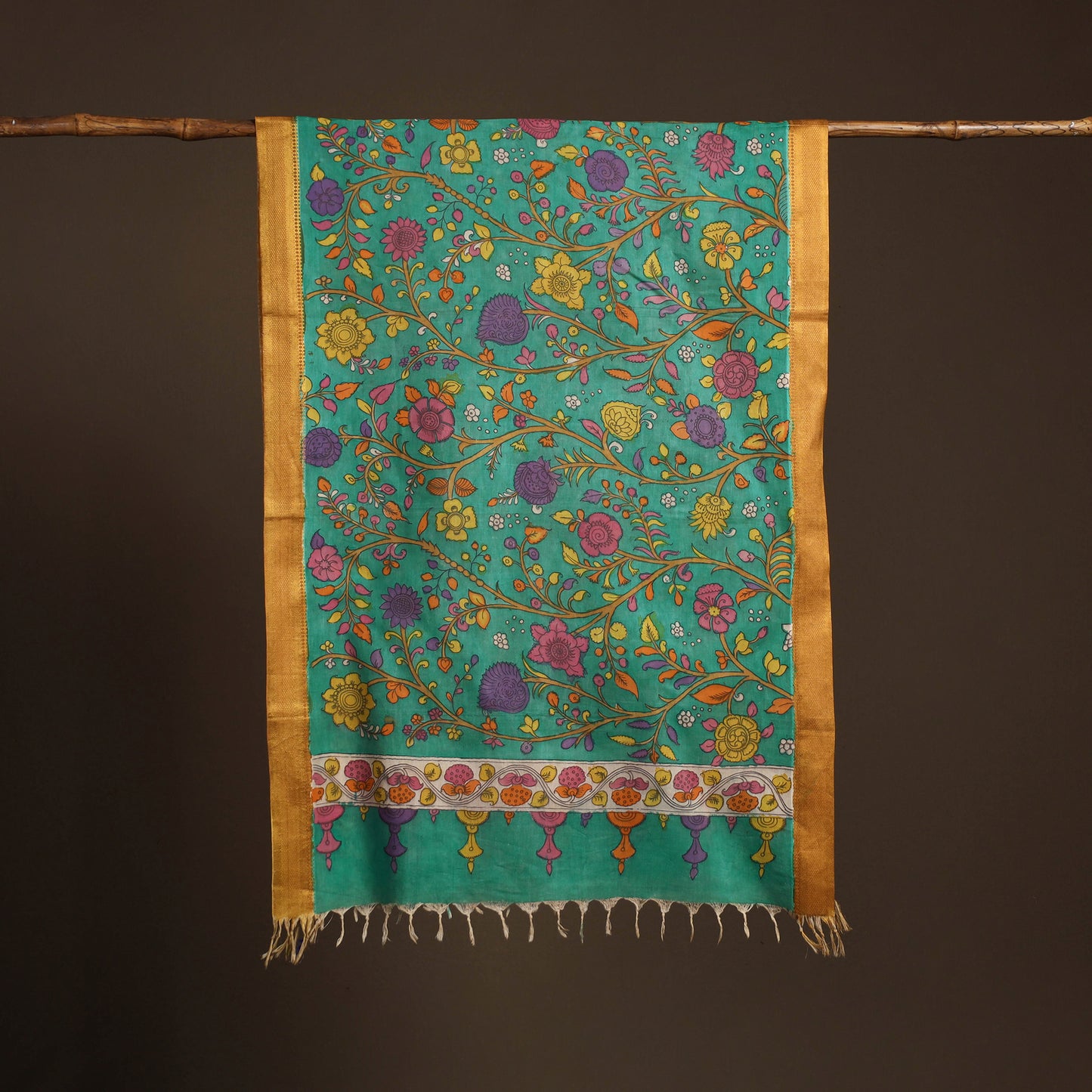 Srikalahasti Pen Work Kalamkari Bangalore Silk Floral Handpainted Dupatta 30
