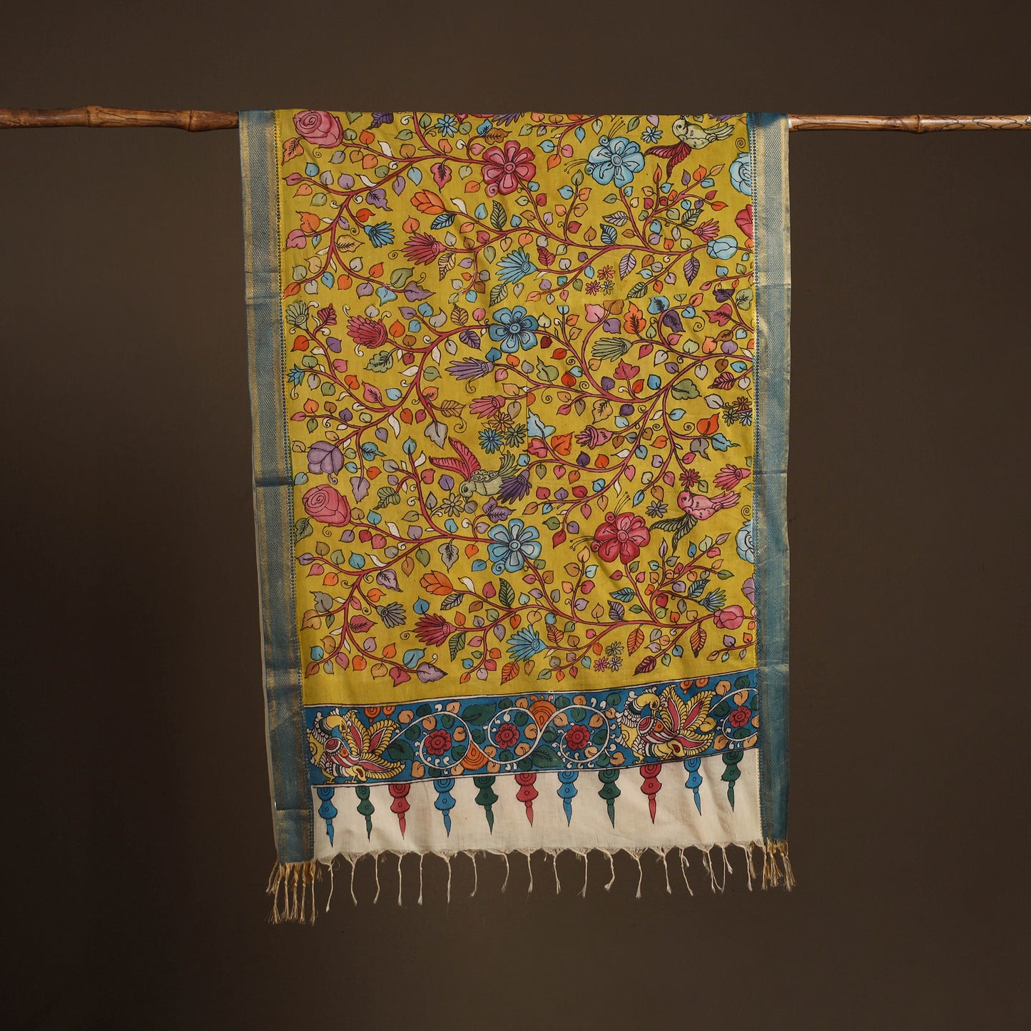 Srikalahasti Pen Work Kalamkari Bangalore Silk Floral Handpainted Dupatta 28