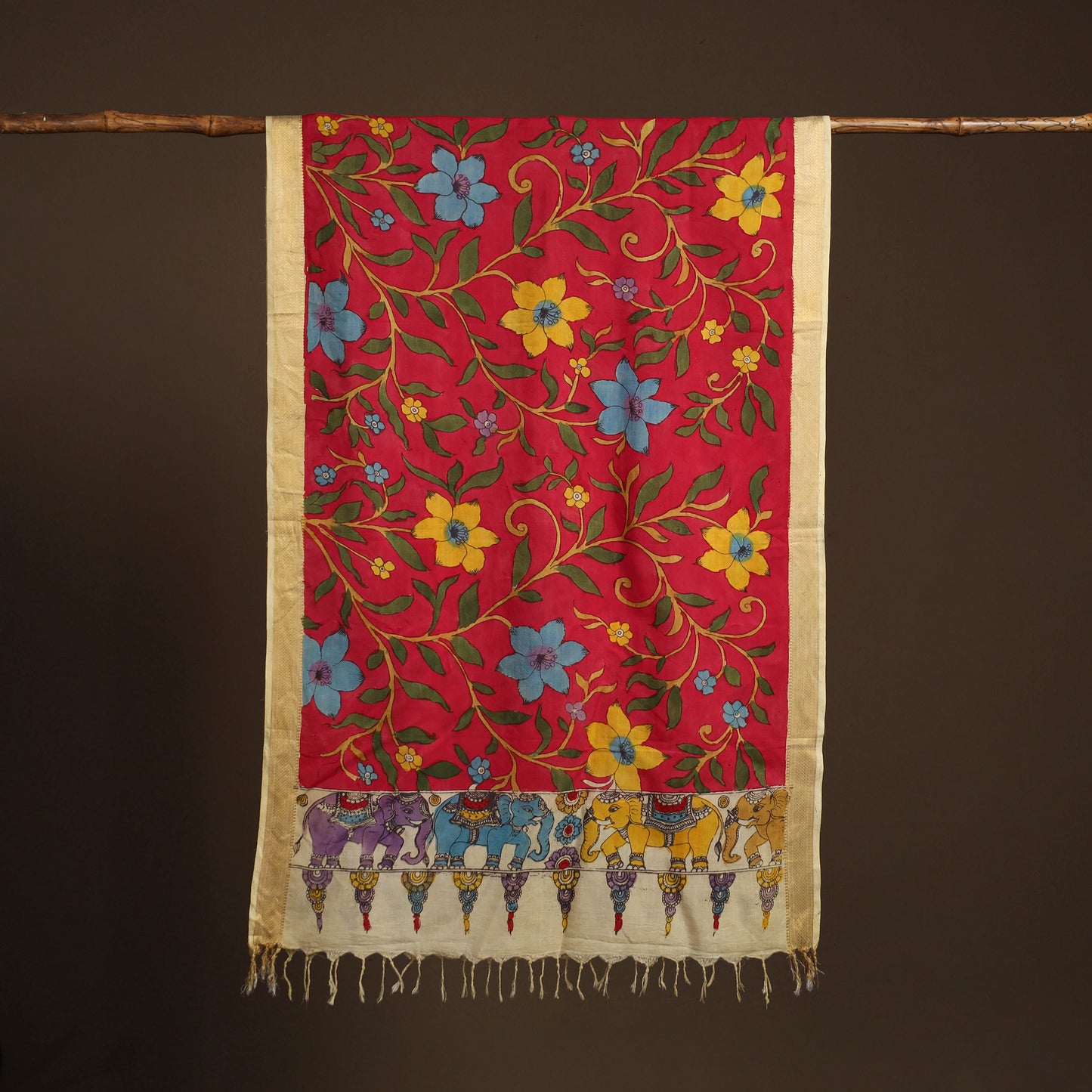 Srikalahasti Pen Work Kalamkari Bangalore Silk Floral Handpainted Dupatta 26