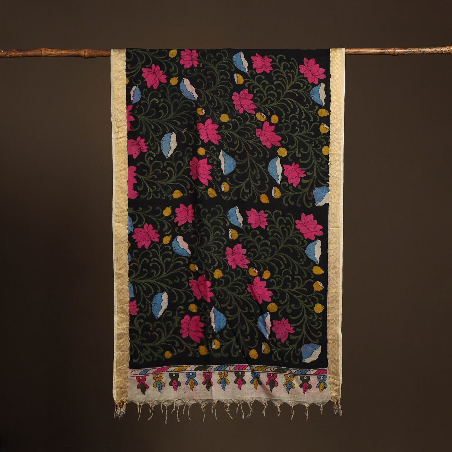 Srikalahasti Pen Work Kalamkari Bangalore Silk Floral Handpainted Dupatta 25