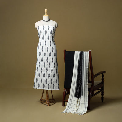 White - Pochampally Ikat Handloom Cotton 3pc Unstitched Dress Material 01