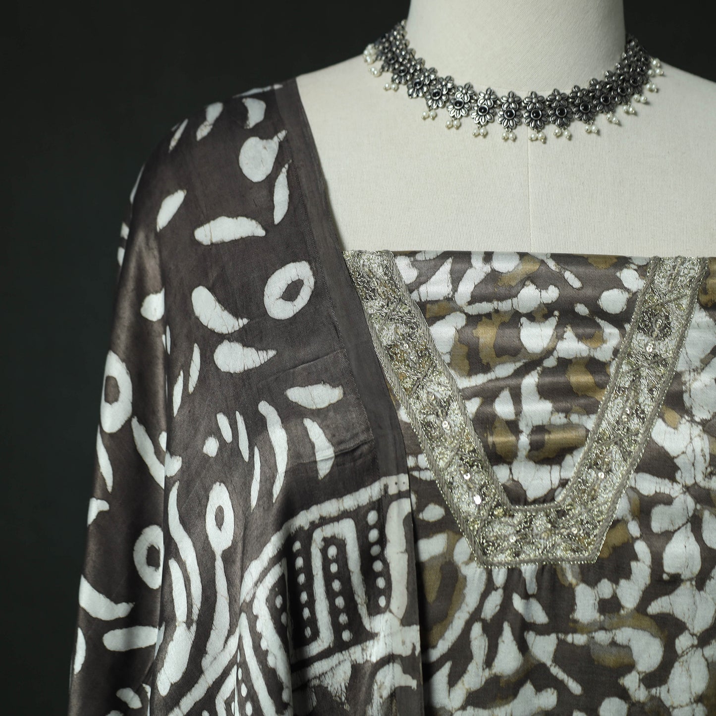Brown - Bagru Vanaspati Block Print Modal Silk Lace Handwork 2pc Unstitched Dress Material Kurta Set 12