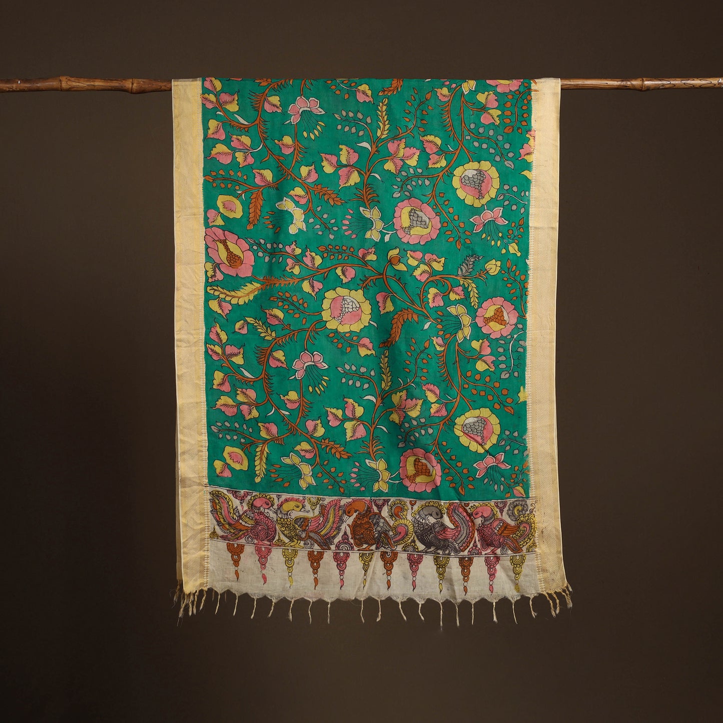 Srikalahasti Pen Work Kalamkari Bangalore Silk Floral Handpainted Dupatta 23