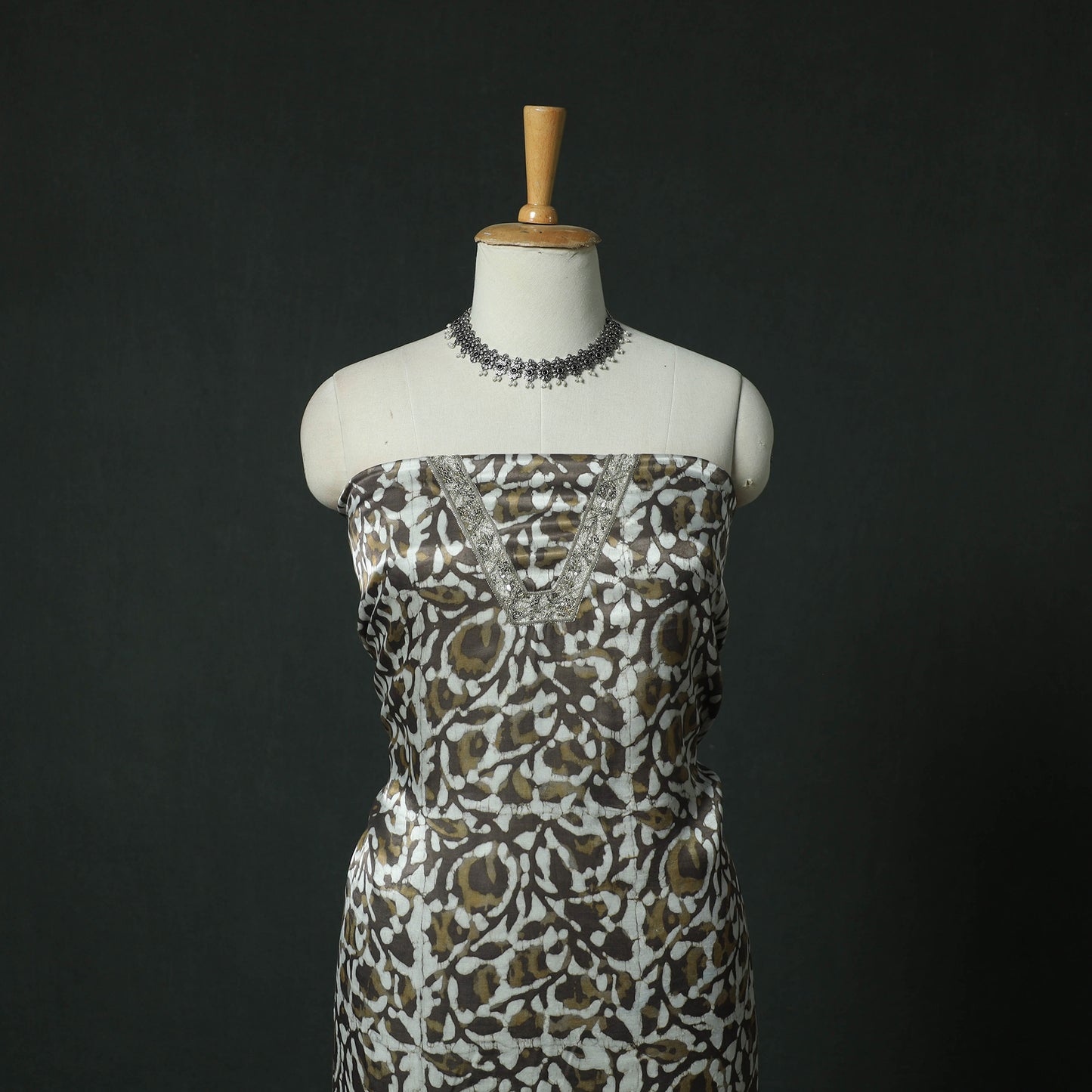 Brown - Bagru Vanaspati Block Print Modal Silk Lace Handwork 2pc Unstitched Dress Material Kurta Set 12