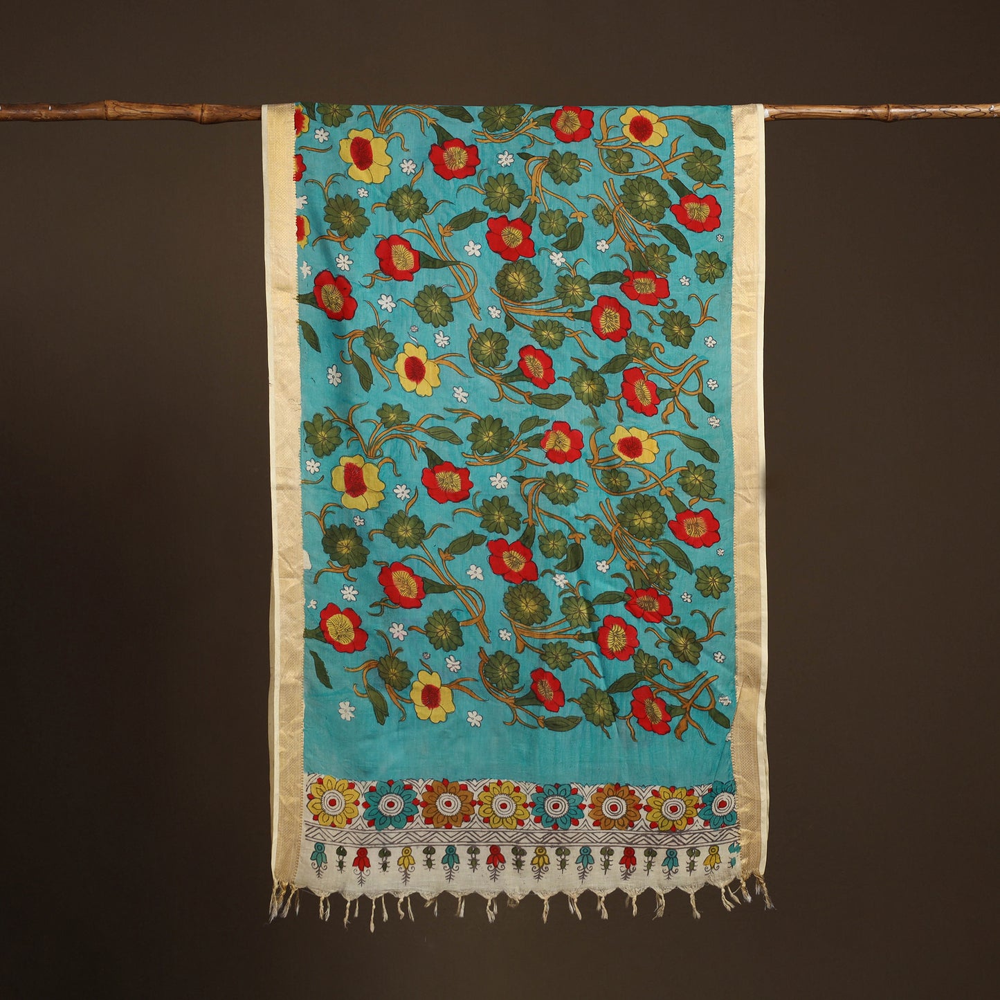 Srikalahasti Pen Work Kalamkari Bangalore Silk Floral Handpainted Dupatta 19