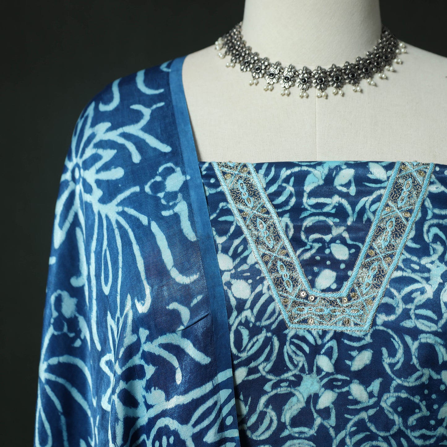 Blue - Bagru Vanaspati Block Print Modal Silk Lace Handwork 2pc Unstitched Dress Material Kurta Set 13