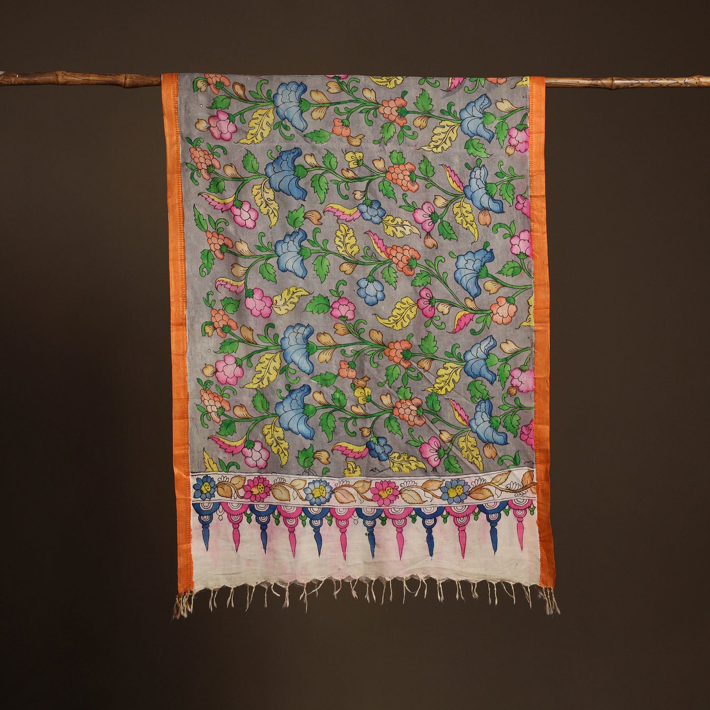 Srikalahasti Pen Work Kalamkari Bangalore Silk Floral Handpainted Dupatta 17