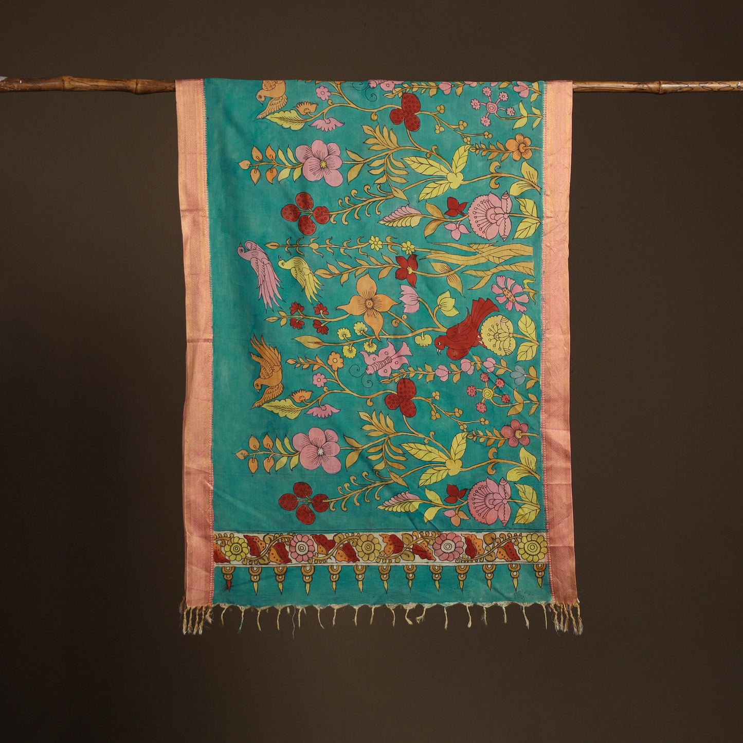 Srikalahasti Pen Work Kalamkari Bangalore Silk Floral Handpainted Dupatta 15