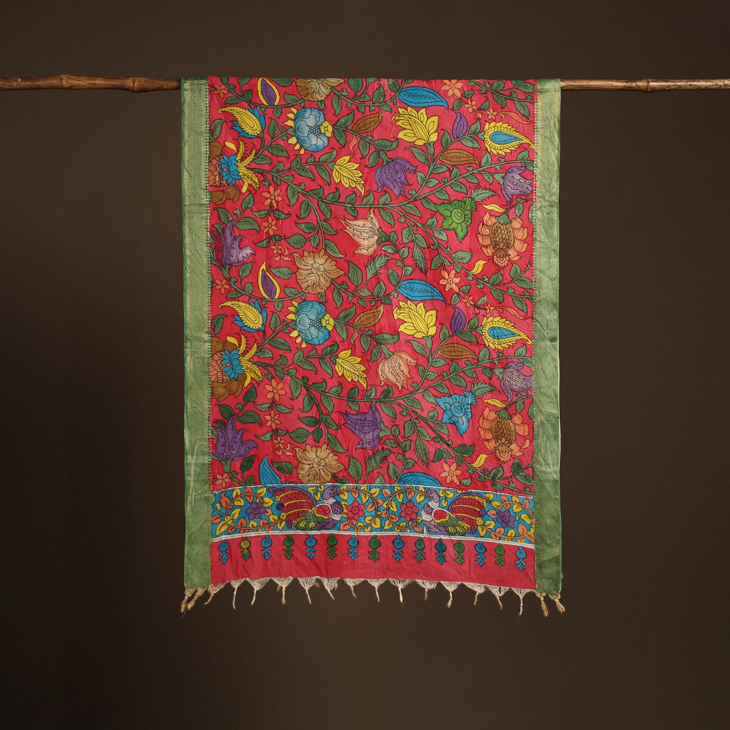Srikalahasti Pen Work Kalamkari Bangalore Silk Floral Handpainted Dupatta 14