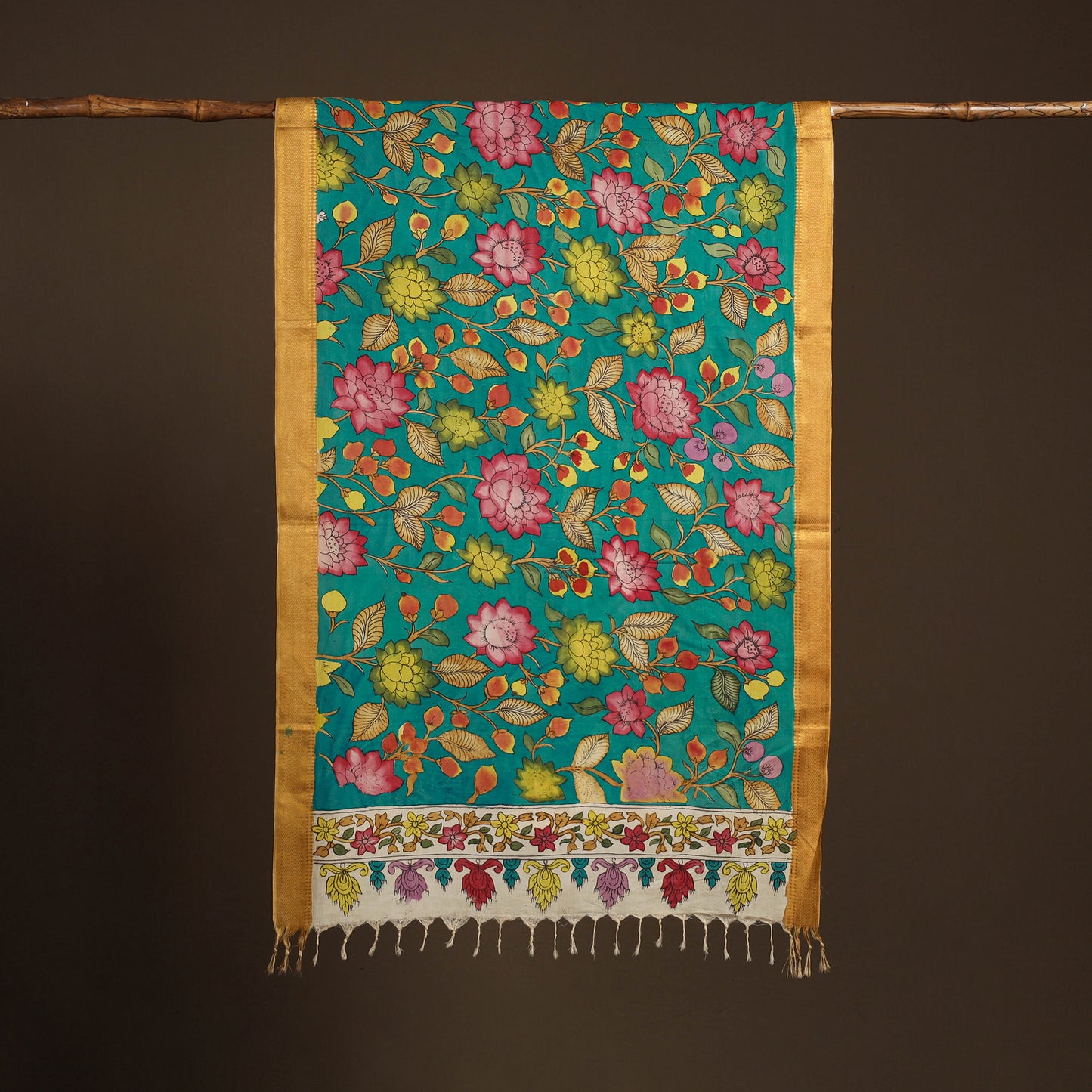 Srikalahasti Pen Work Kalamkari Bangalore Silk Floral Handpainted Dupatta 11