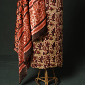 Orange - Bagru Vanaspati Block Print Modal Silk Lace Handwork 2pc Unstitched Dress Material Kurta Set 14