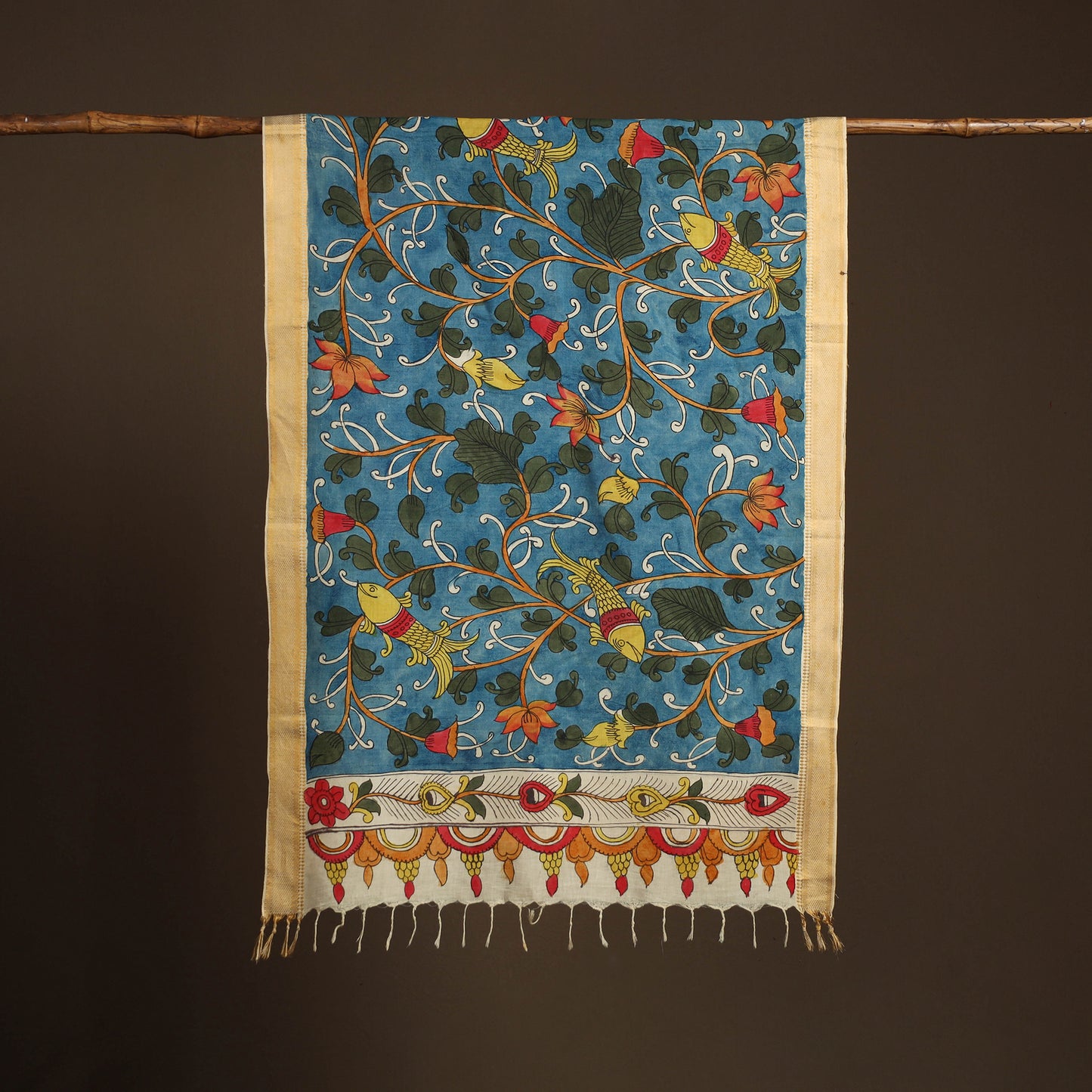 Srikalahasti Pen Work Kalamkari Bangalore Silk Floral Handpainted Dupatta 09