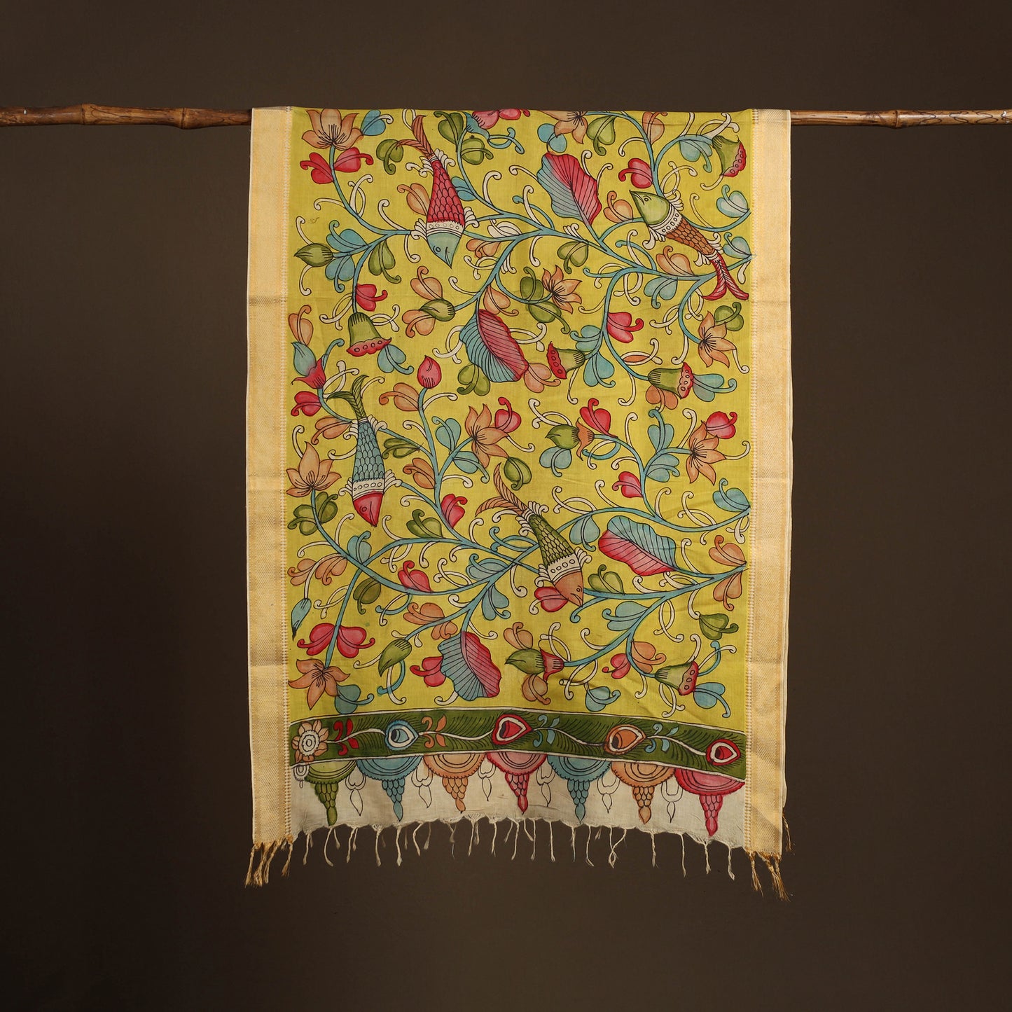 Srikalahasti Pen Work Kalamkari Bangalore Silk Floral Handpainted Dupatta 08