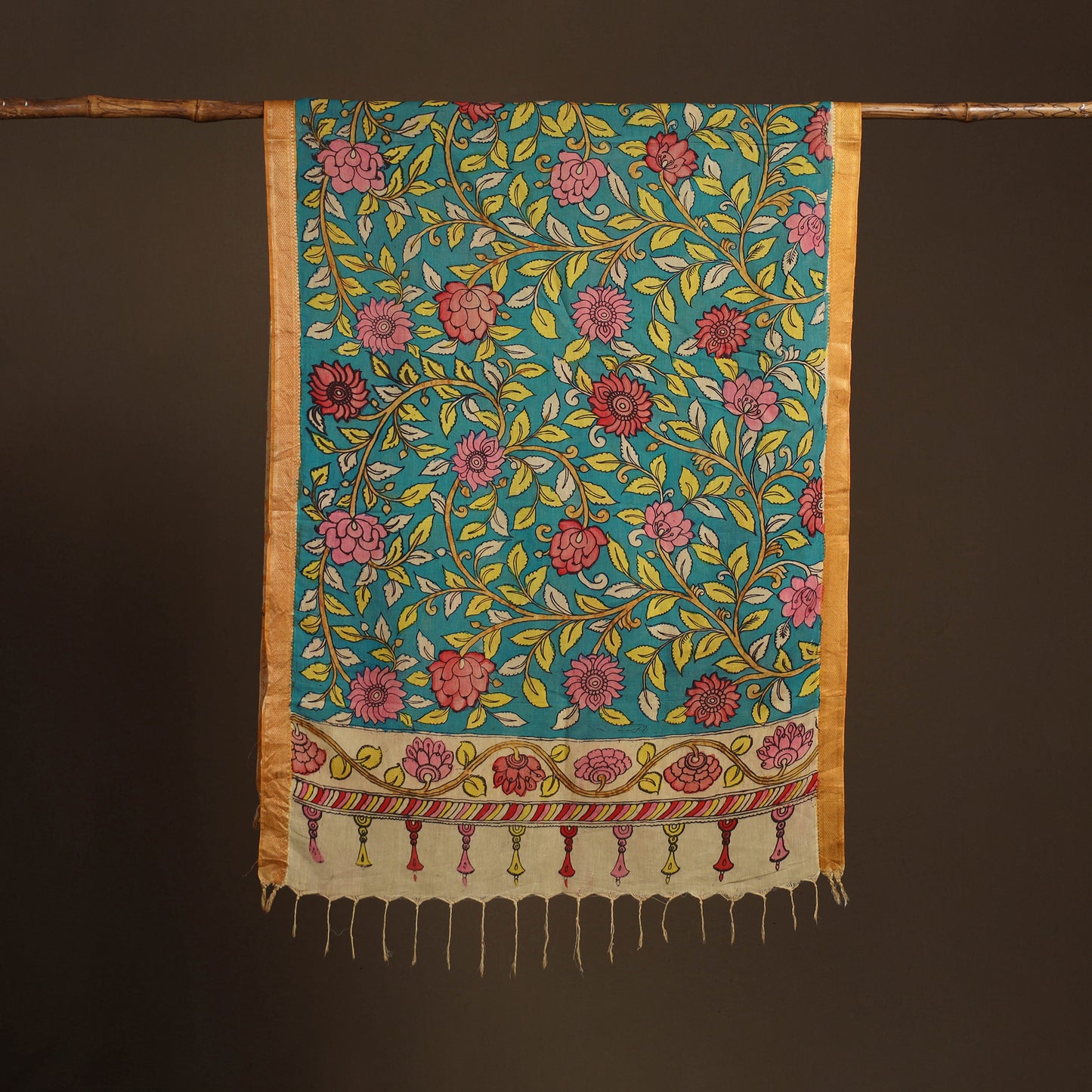 Srikalahasti Pen Work Kalamkari Bangalore Silk Floral Handpainted Dupatta 07