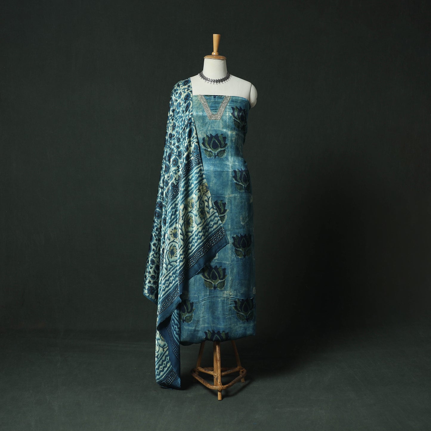 Bagru Vanaspati Block Print Modal Silk Lace Handwork 2pc Unstitched Dress Material Kurta Set 16