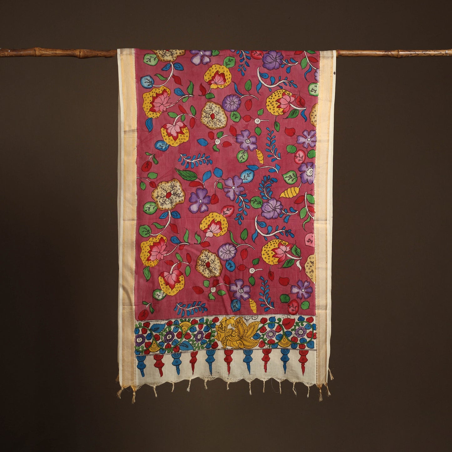 Srikalahasti Pen Work Kalamkari Bangalore Silk Floral Handpainted Dupatta 04