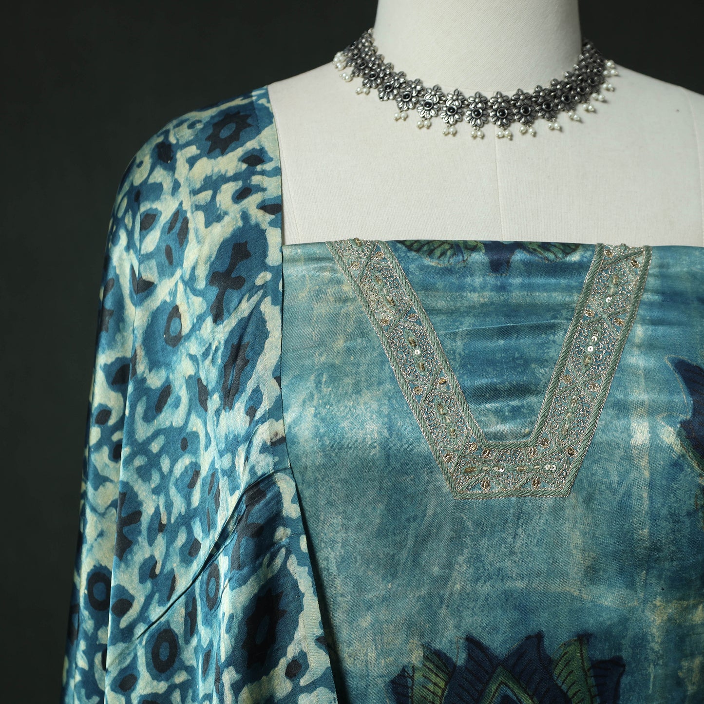 Bagru Vanaspati Block Print Modal Silk Lace Handwork 2pc Unstitched Dress Material Kurta Set 16