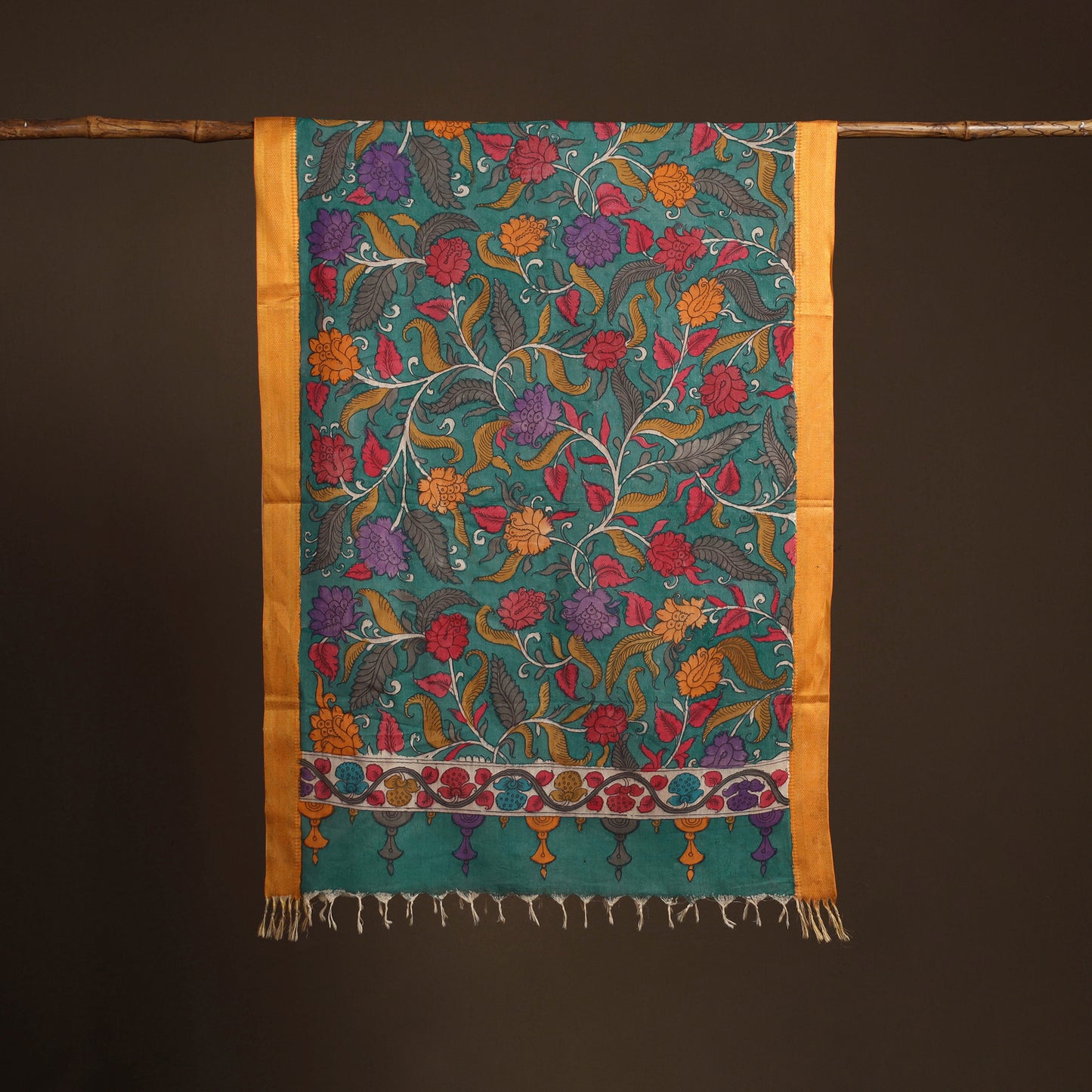 Srikalahasti Pen Work Kalamkari Bangalore Silk Floral Handpainted Dupatta 03
