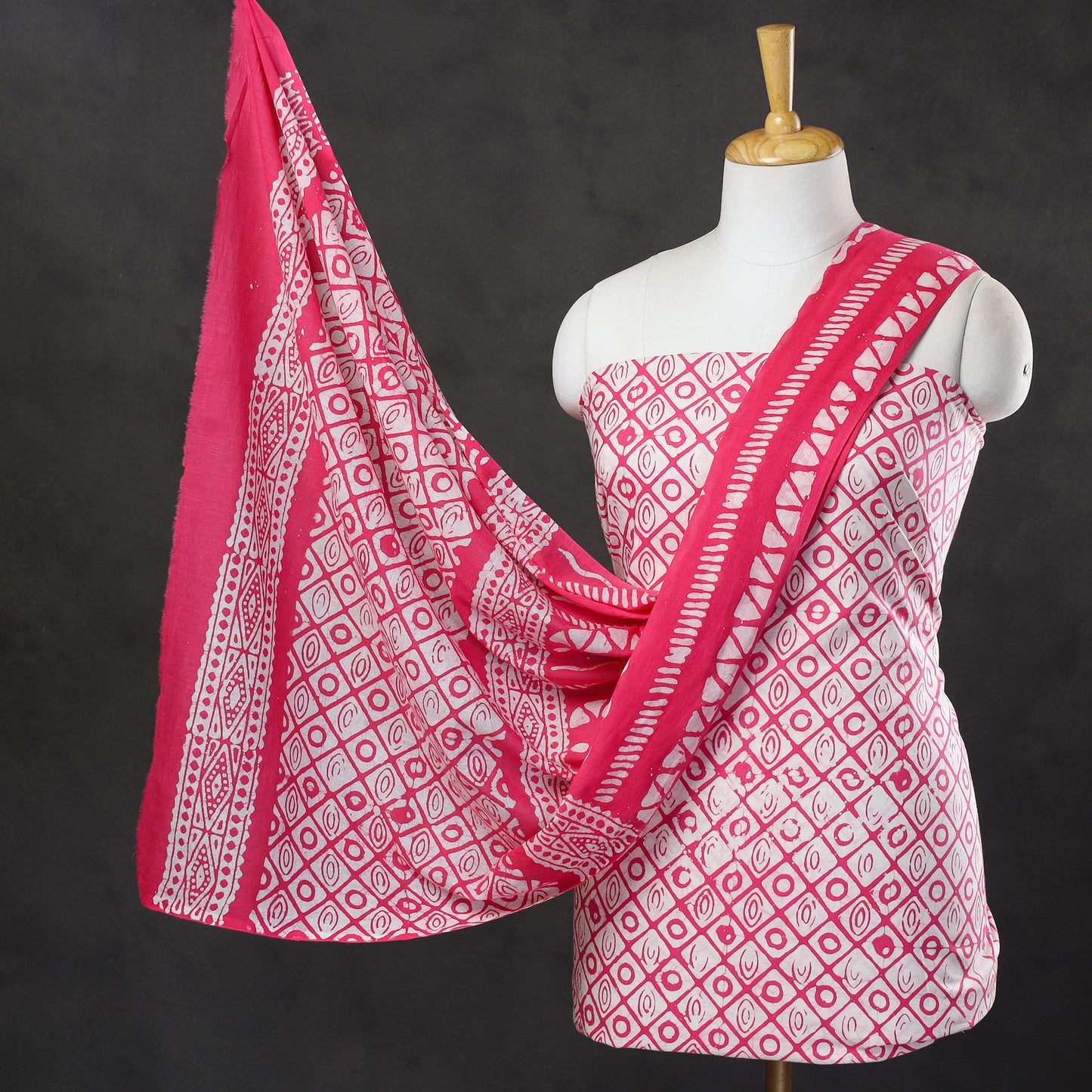 Pink - 3pc Cotton Kutch Batik Print Dress Material 23