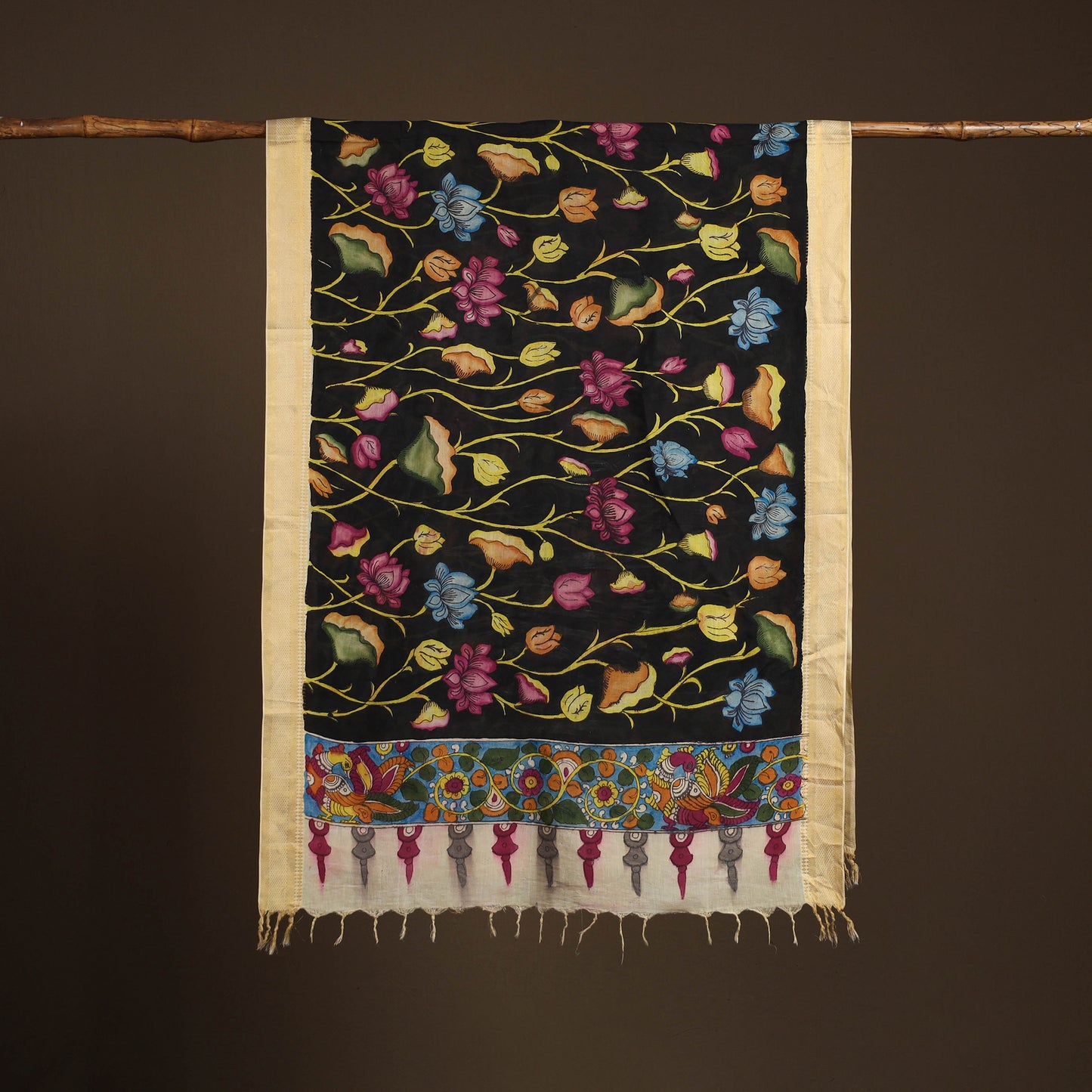 Srikalahasti Pen Work Kalamkari Bangalore Silk Floral Handpainted Dupatta 01