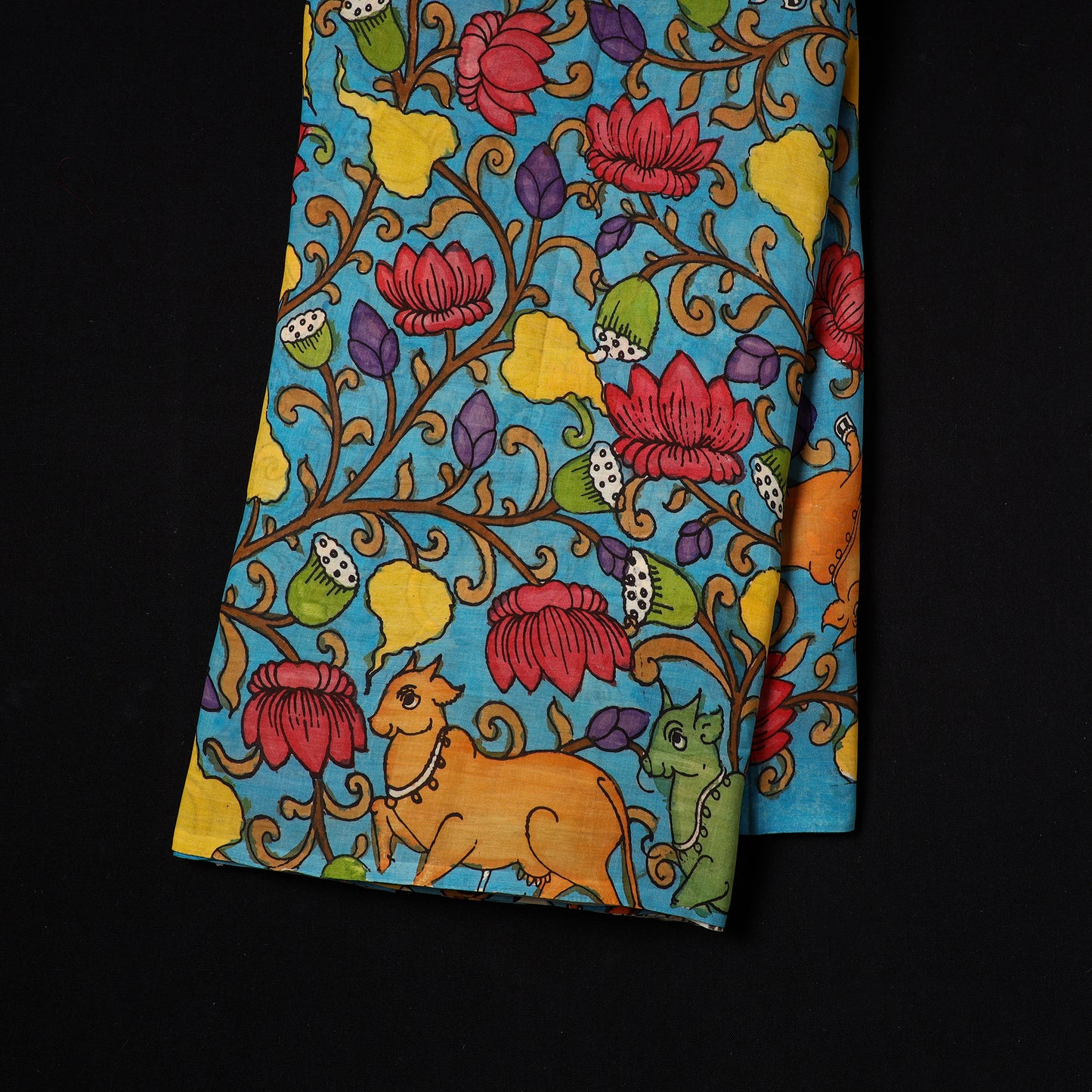 Blue - natural dyed chanderi silk handpainted srikalahasti