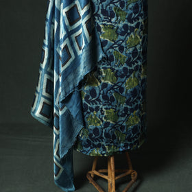 Blue - Bagru Vanaspati Block Print Modal Silk Lace Handwork 2pc Unstitched Dress Material Kurta Set 17