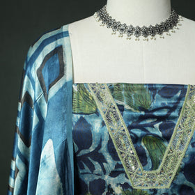 Blue - Bagru Vanaspati Block Print Modal Silk Lace Handwork 2pc Unstitched Dress Material Kurta Set 17