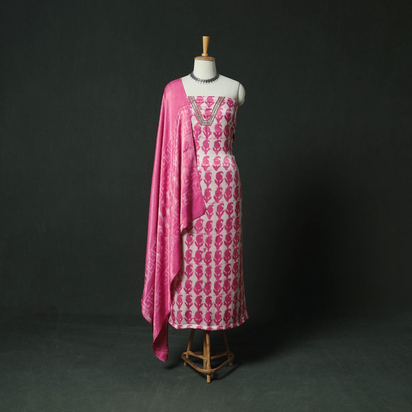 Pink - Bagru Vanaspati Block Print Modal Silk Lace Handwork 2pc Unstitched Dress Material Kurta Set 18