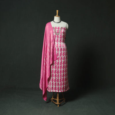 Bagru Vanaspati Block Print Modal Silk Lace Handwork 2pc Unstitched Dress Material Kurta Set 18