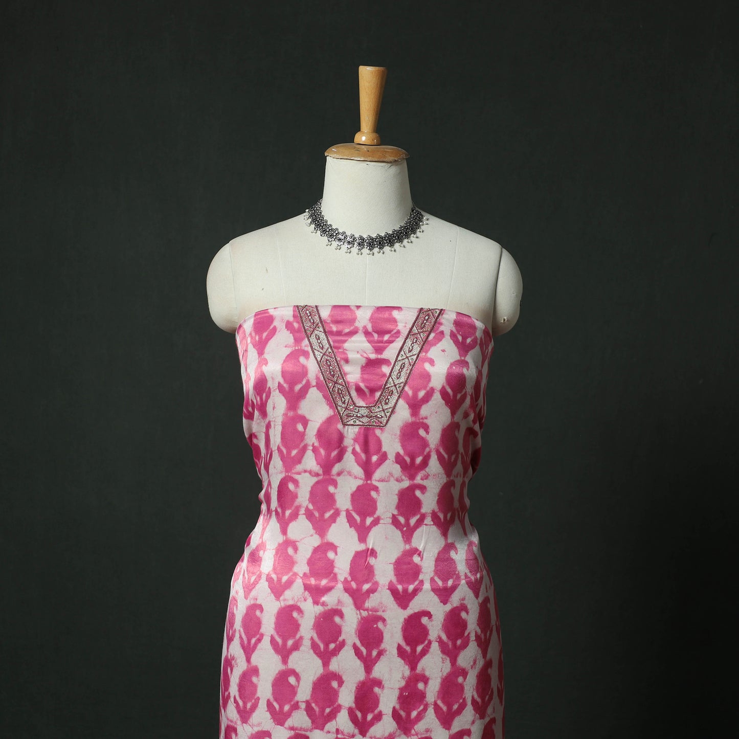 Pink - Bagru Vanaspati Block Print Modal Silk Lace Handwork 2pc Unstitched Dress Material Kurta Set 18