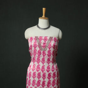 Pink - Bagru Vanaspati Block Print Modal Silk Lace Handwork 2pc Unstitched Dress Material Kurta Set 18