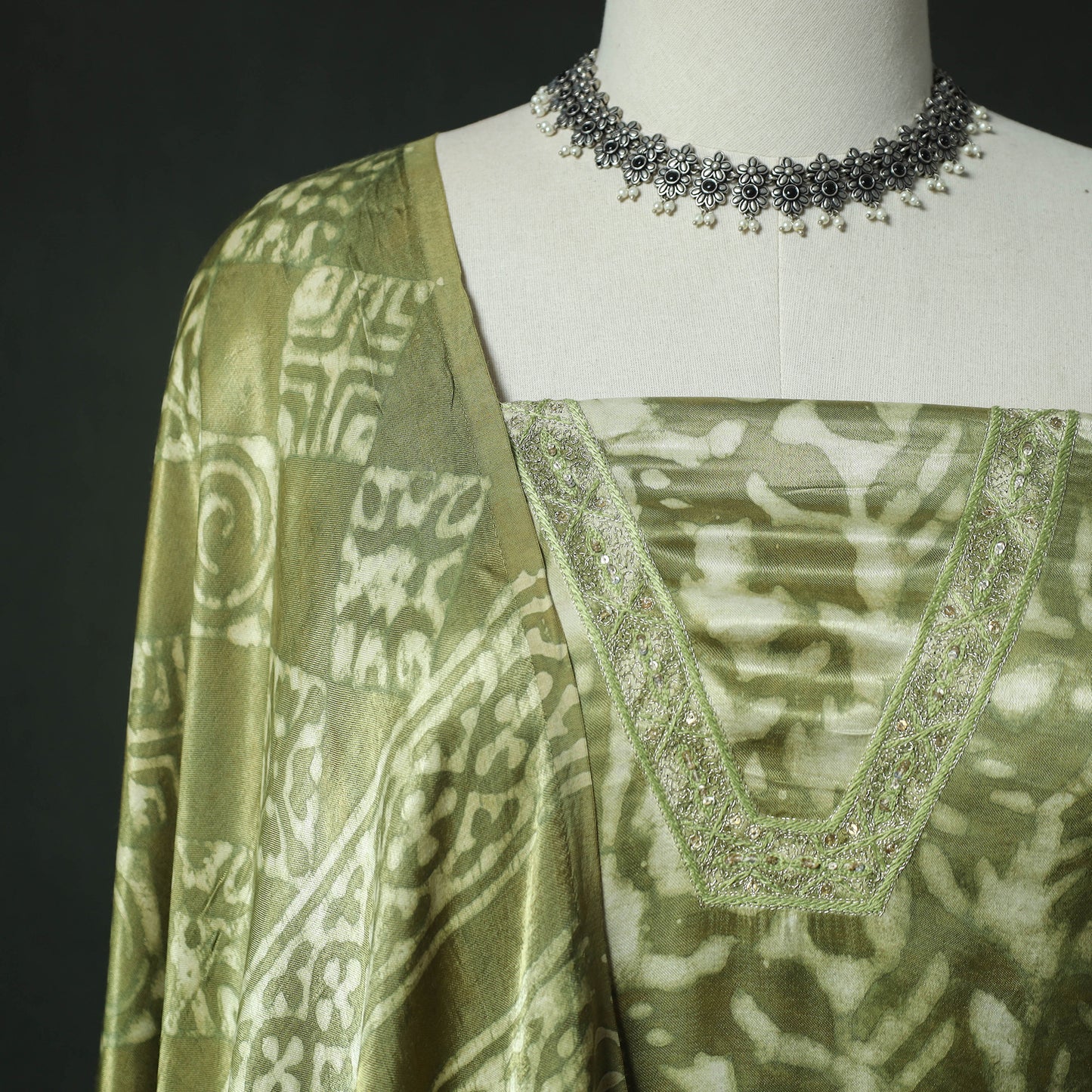 Bagru Vanaspati Block Print Modal Silk Lace Handwork 2pc Unstitched Dress Material Kurta Set 19