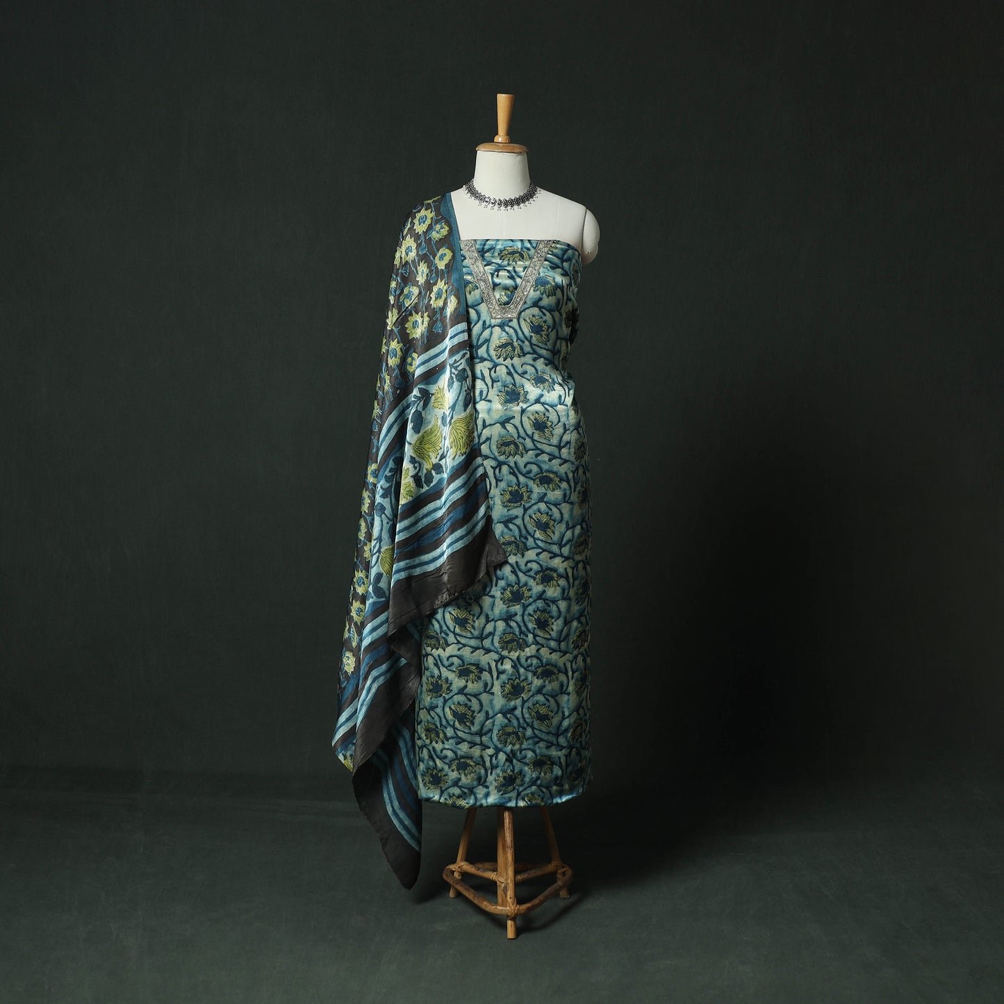 Bagru Vanaspati Block Print Modal Silk Lace Handwork 2pc Unstitched Dress Material Kurta Set 20