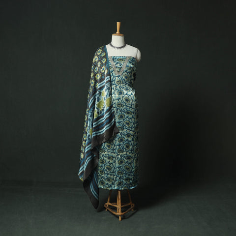 Bagru Vanaspati Block Print Modal Silk Lace Handwork 2pc Unstitched Dress Material Kurta Set 20