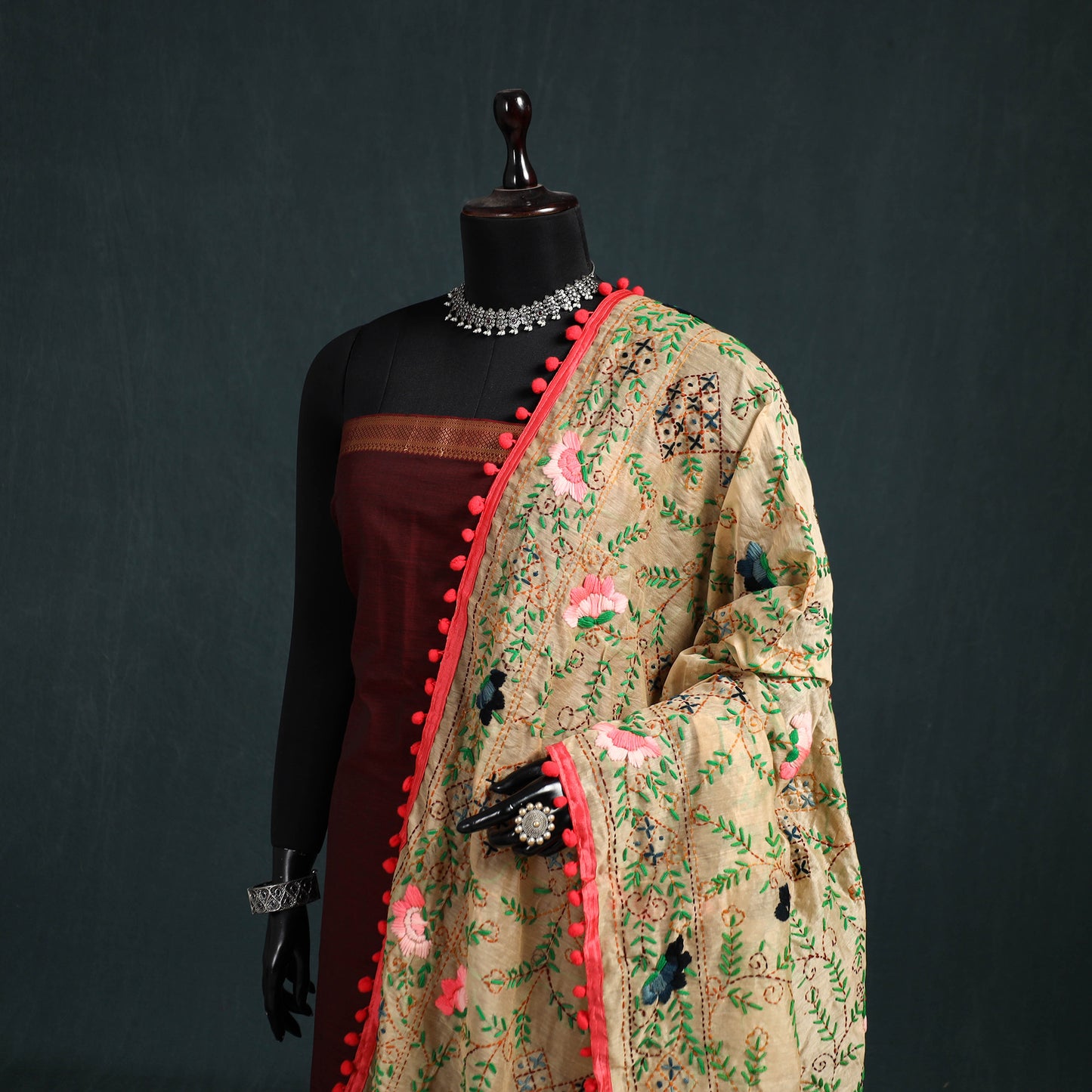 Ranihati Chapa Work Chanderi Silk Hand Embroidery Dupatta 09