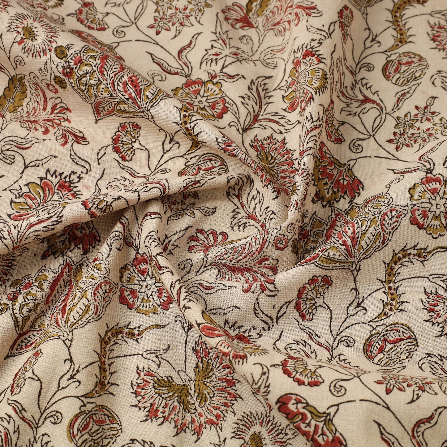  Beige Block Print Cotton Pedana Kalamkari Fabric