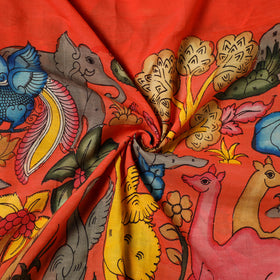 Red - natural dyed chanderi silk handpainted srikalahasti