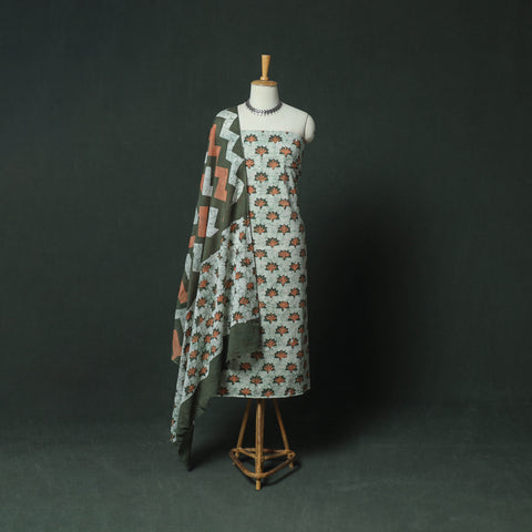 Hand Block Kutch Batik Print Cotton 3pc Unstitched Dress Material Suit Set 09
