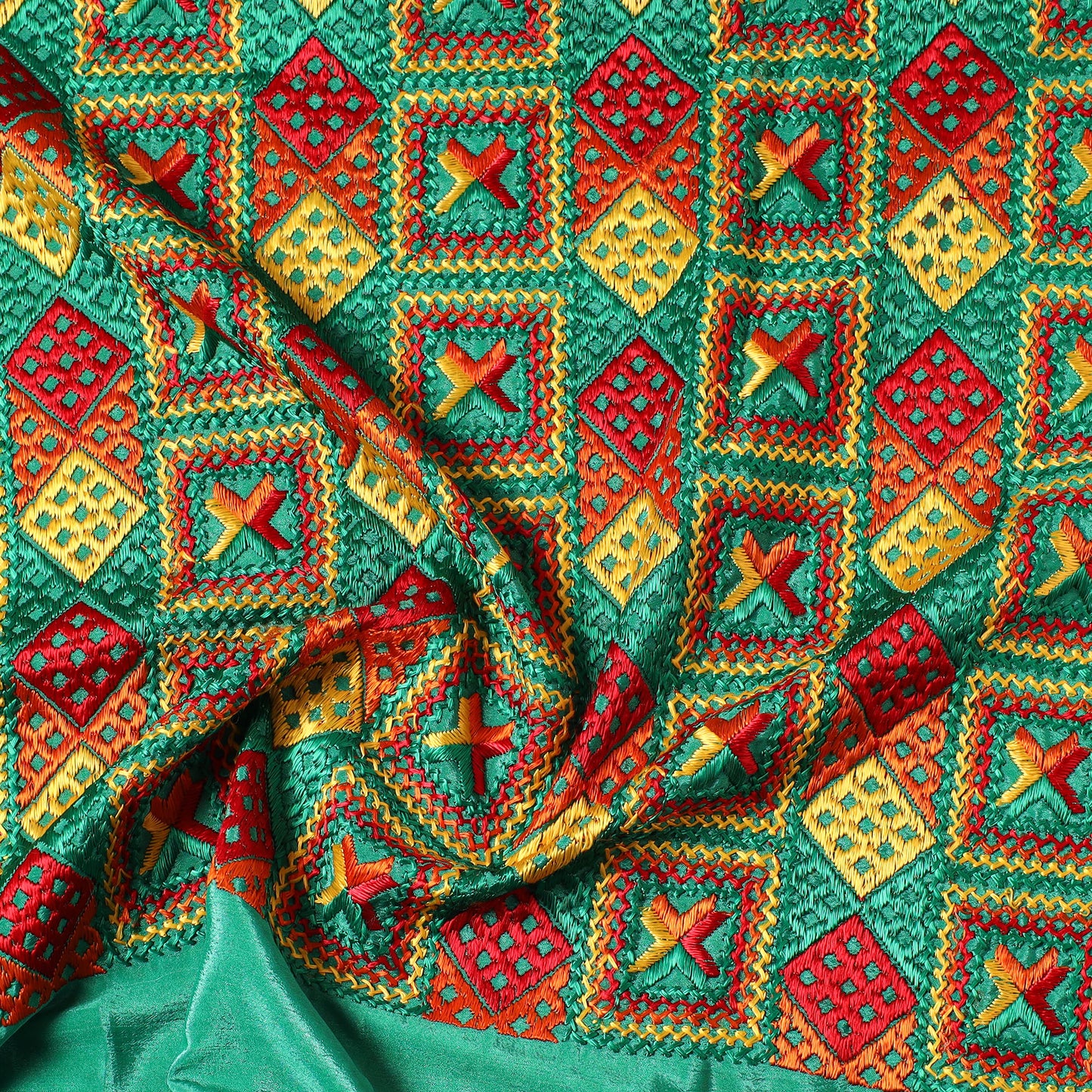 Green - Traditional Phulkari Embroidered Chinnon Precut Fabric (0.95 meter) 02