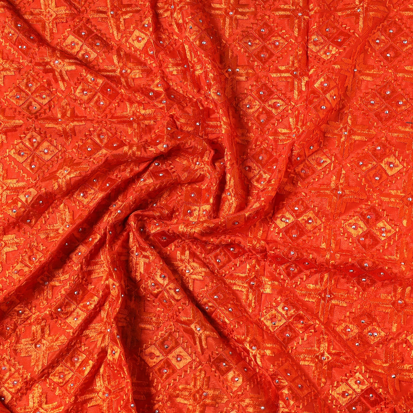 Orange - Traditional Phulkari Embroidered Chinnon Precut Fabric (0.9 meter) 9