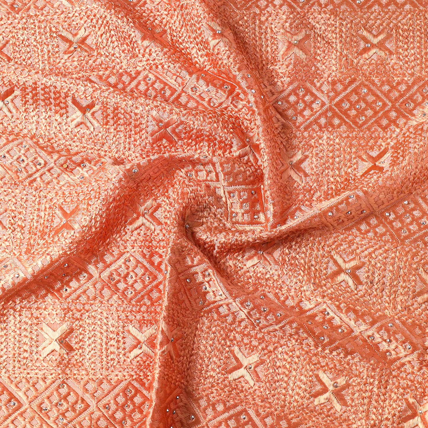 Peach - Traditional Phulkari Embroidered Chinnon Precut Fabric (1 meter) 13
