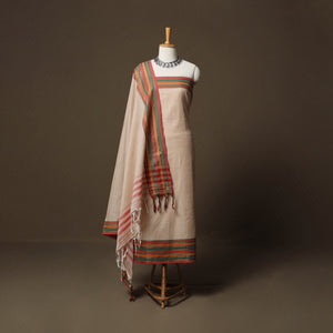 Beige - Dharwad Cotton 3pc Unstitched Dress Material Suit Set with Woven Border 72